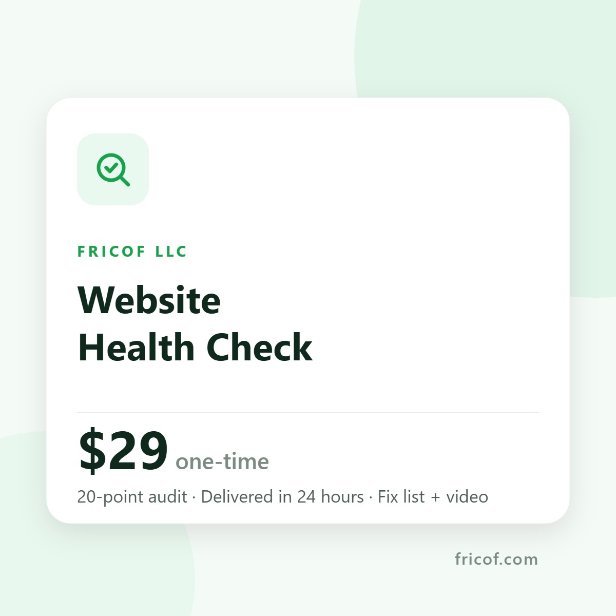 Website Health Check — $29 one-time audit from FRICOF